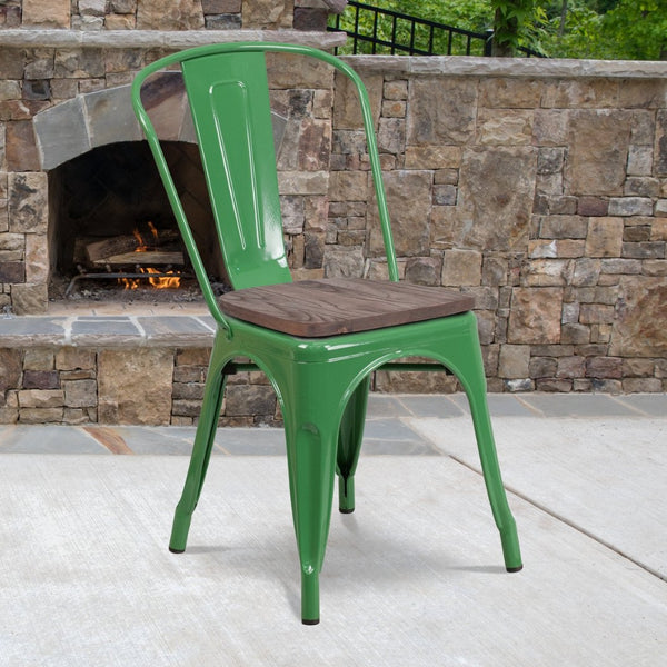 English Elm Perry Stackable Metal Chair with Wood Seat – Vintage Bistro Style for Dining and Commercial Spaces Green CH-31230-GN-WD-GG
