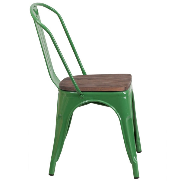 English Elm Perry Stackable Metal Chair with Wood Seat – Vintage Bistro Style for Dining and Commercial Spaces Green CH-31230-GN-WD-GG