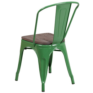 English Elm Perry Stackable Metal Chair with Wood Seat – Vintage Bistro Style for Dining and Commercial Spaces Green CH-31230-GN-WD-GG