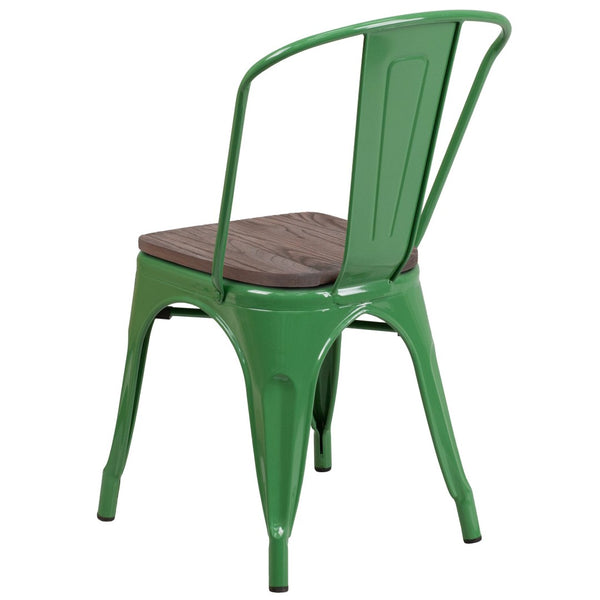 English Elm Perry Stackable Metal Chair with Wood Seat – Vintage Bistro Style for Dining and Commercial Spaces Green CH-31230-GN-WD-GG
