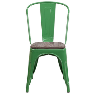 English Elm Perry Stackable Metal Chair with Wood Seat – Vintage Bistro Style for Dining and Commercial Spaces Green CH-31230-GN-WD-GG