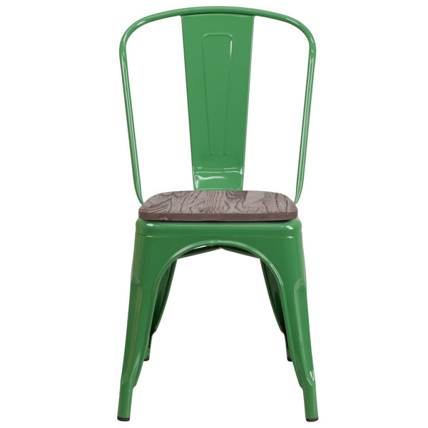 English Elm Perry Stackable Metal Chair with Wood Seat – Vintage Bistro Style for Dining and Commercial Spaces Green CH-31230-GN-WD-GG
