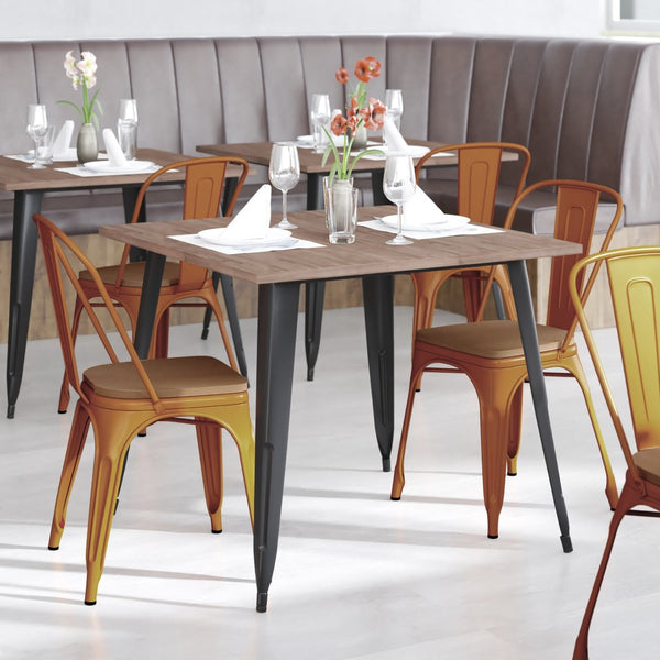 English Elm Perry Commercial Grade Metal Stackable Chair for Indoor-Outdoor Dining, Durable & Stylish Design Teak Seat/Orange Frame CH-31230-OR-PL1T-GG