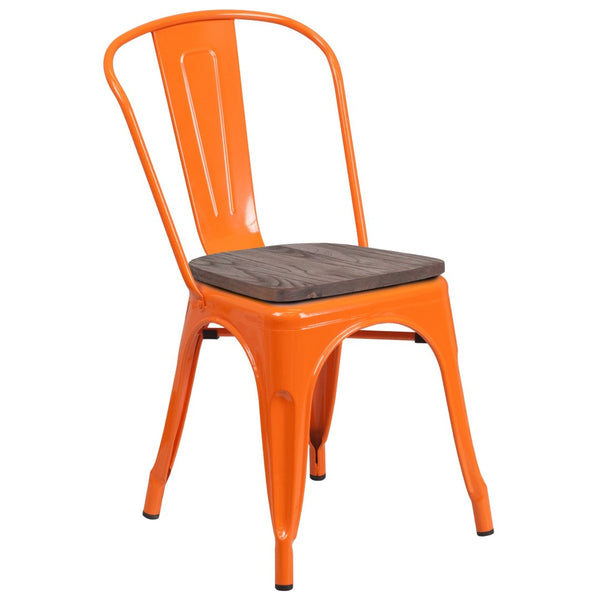 English Elm Perry Stackable Metal Chair with Wood Seat – Vintage Bistro Style for Dining and Commercial Spaces Orange CH-31230-OR-WD-GG
