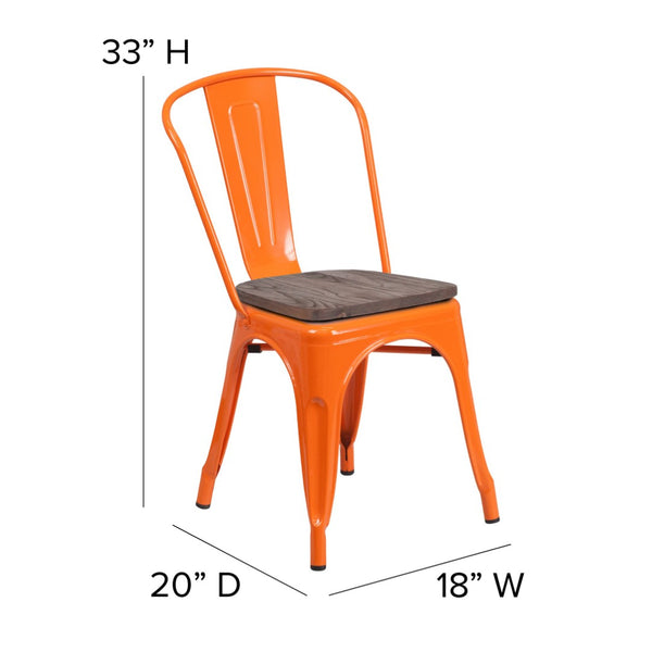 English Elm Perry Stackable Metal Chair with Wood Seat – Vintage Bistro Style for Dining and Commercial Spaces Orange CH-31230-OR-WD-GG