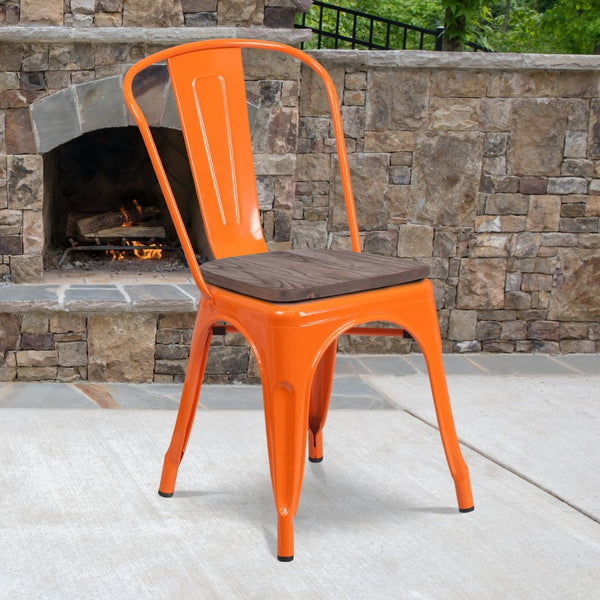 English Elm Perry Stackable Metal Chair with Wood Seat – Vintage Bistro Style for Dining and Commercial Spaces Orange CH-31230-OR-WD-GG
