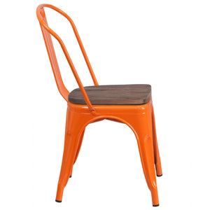 English Elm Perry Stackable Metal Chair with Wood Seat – Vintage Bistro Style for Dining and Commercial Spaces Orange CH-31230-OR-WD-GG