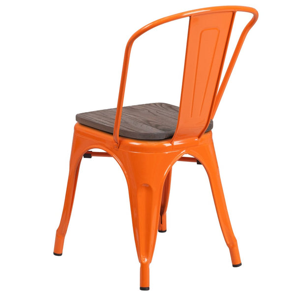 English Elm Perry Stackable Metal Chair with Wood Seat – Vintage Bistro Style for Dining and Commercial Spaces Orange CH-31230-OR-WD-GG