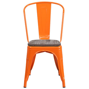 English Elm Perry Stackable Metal Chair with Wood Seat – Vintage Bistro Style for Dining and Commercial Spaces Orange CH-31230-OR-WD-GG