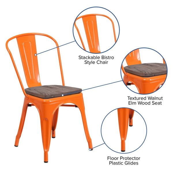 English Elm Perry Stackable Metal Chair with Wood Seat – Vintage Bistro Style for Dining and Commercial Spaces Orange CH-31230-OR-WD-GG