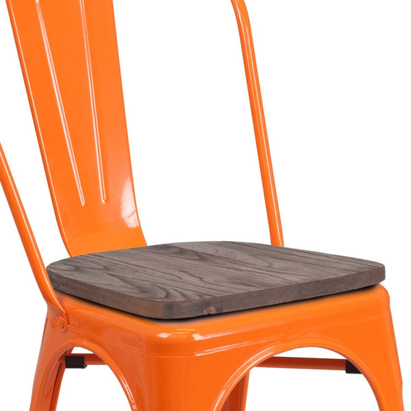 English Elm Perry Stackable Metal Chair with Wood Seat – Vintage Bistro Style for Dining and Commercial Spaces Orange CH-31230-OR-WD-GG