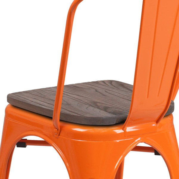 English Elm Perry Stackable Metal Chair with Wood Seat – Vintage Bistro Style for Dining and Commercial Spaces Orange CH-31230-OR-WD-GG