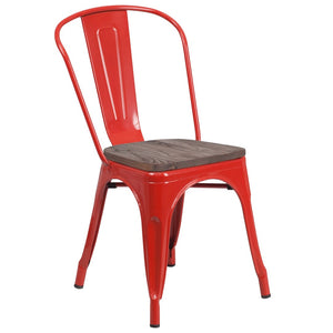 English Elm Perry Stackable Metal Chair with Wood Seat – Vintage Bistro Style for Dining and Commercial Spaces Red CH-31230-RED-WD-GG