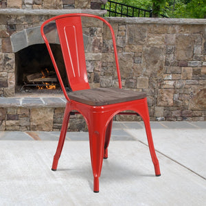 English Elm Perry Stackable Metal Chair with Wood Seat – Vintage Bistro Style for Dining and Commercial Spaces Red CH-31230-RED-WD-GG
