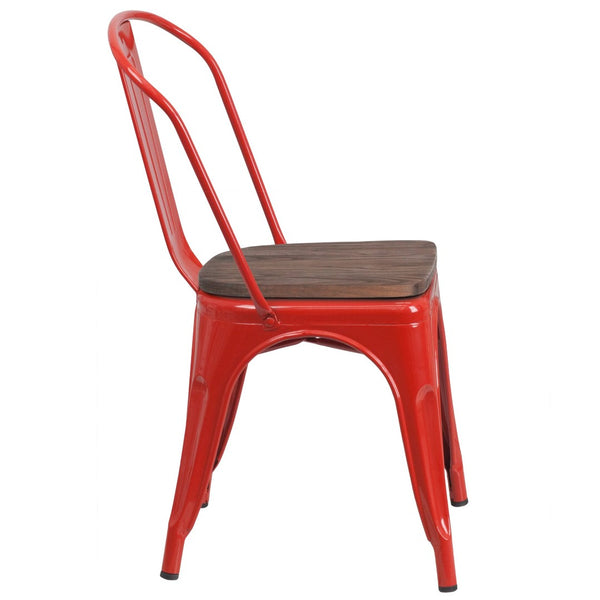English Elm Perry Stackable Metal Chair with Wood Seat – Vintage Bistro Style for Dining and Commercial Spaces Red CH-31230-RED-WD-GG