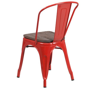 English Elm Perry Stackable Metal Chair with Wood Seat – Vintage Bistro Style for Dining and Commercial Spaces Red CH-31230-RED-WD-GG
