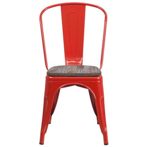 English Elm Perry Stackable Metal Chair with Wood Seat – Vintage Bistro Style for Dining and Commercial Spaces Red CH-31230-RED-WD-GG