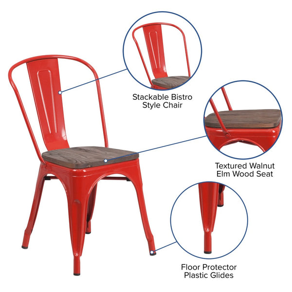 English Elm Perry Stackable Metal Chair with Wood Seat – Vintage Bistro Style for Dining and Commercial Spaces Red CH-31230-RED-WD-GG