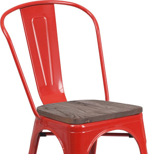 English Elm Perry Stackable Metal Chair with Wood Seat – Vintage Bistro Style for Dining and Commercial Spaces Red CH-31230-RED-WD-GG