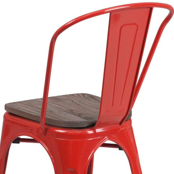 English Elm Perry Stackable Metal Chair with Wood Seat – Vintage Bistro Style for Dining and Commercial Spaces Red CH-31230-RED-WD-GG