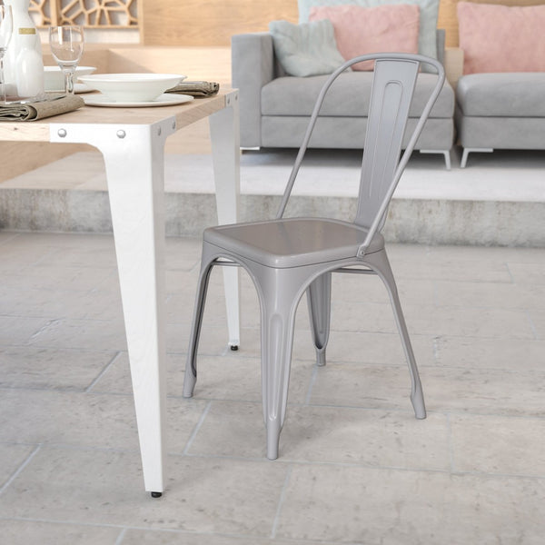 English Elm Perry Commercial Grade Metal Stackable Chair for Indoor and Outdoor Use - Durable Bistro Style Seating Silver CH-31230-SIL-GG