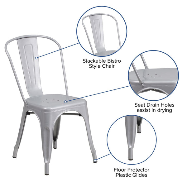 English Elm Perry Commercial Grade Metal Stackable Chair for Indoor and Outdoor Use - Durable Bistro Style Seating Silver CH-31230-SIL-GG