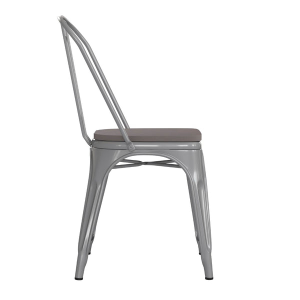 English Elm Perry Commercial Grade Metal Stackable Chair for Indoor-Outdoor Dining, Durable & Stylish Design Gray Seat/Silver Frame CH-31230-SIL-PL1G-GG