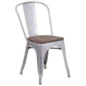 English Elm Perry Stackable Metal Chair with Wood Seat – Vintage Bistro Style for Dining and Commercial Spaces Silver CH-31230-SIL-WD-GG