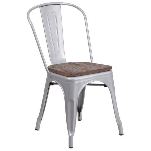 English Elm Perry Stackable Metal Chair with Wood Seat – Vintage Bistro Style for Dining and Commercial Spaces Silver CH-31230-SIL-WD-GG