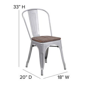 English Elm Perry Stackable Metal Chair with Wood Seat – Vintage Bistro Style for Dining and Commercial Spaces Silver CH-31230-SIL-WD-GG