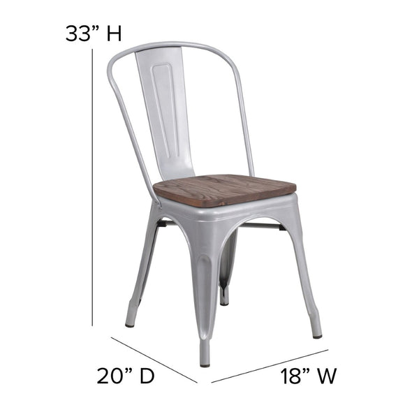 English Elm Perry Stackable Metal Chair with Wood Seat – Vintage Bistro Style for Dining and Commercial Spaces Silver CH-31230-SIL-WD-GG