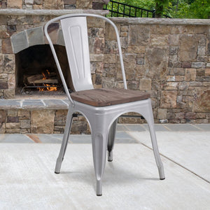 English Elm Perry Stackable Metal Chair with Wood Seat – Vintage Bistro Style for Dining and Commercial Spaces Silver CH-31230-SIL-WD-GG