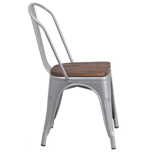 English Elm Perry Stackable Metal Chair with Wood Seat – Vintage Bistro Style for Dining and Commercial Spaces Silver CH-31230-SIL-WD-GG