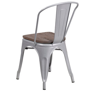 English Elm Perry Stackable Metal Chair with Wood Seat – Vintage Bistro Style for Dining and Commercial Spaces Silver CH-31230-SIL-WD-GG