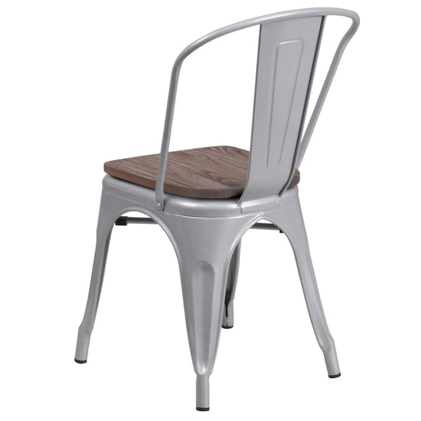 English Elm Perry Stackable Metal Chair with Wood Seat – Vintage Bistro Style for Dining and Commercial Spaces Silver CH-31230-SIL-WD-GG