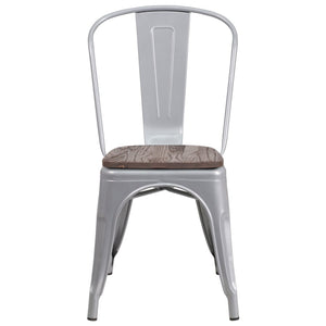 English Elm Perry Stackable Metal Chair with Wood Seat – Vintage Bistro Style for Dining and Commercial Spaces Silver CH-31230-SIL-WD-GG
