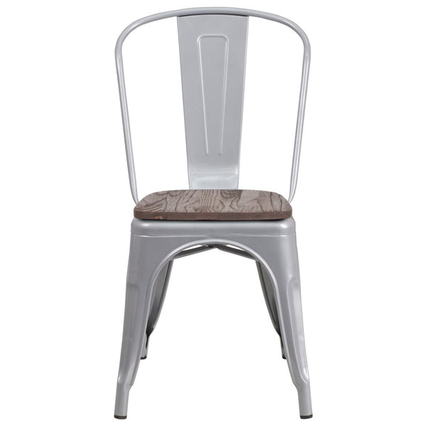 English Elm Perry Stackable Metal Chair with Wood Seat – Vintage Bistro Style for Dining and Commercial Spaces Silver CH-31230-SIL-WD-GG