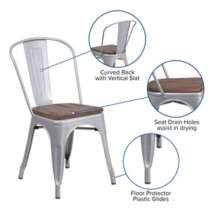 English Elm Perry Stackable Metal Chair with Wood Seat – Vintage Bistro Style for Dining and Commercial Spaces Silver CH-31230-SIL-WD-GG