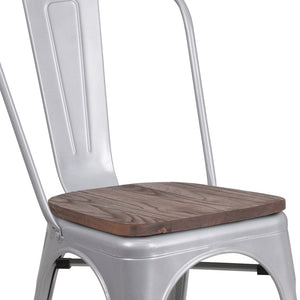 English Elm Perry Stackable Metal Chair with Wood Seat – Vintage Bistro Style for Dining and Commercial Spaces Silver CH-31230-SIL-WD-GG