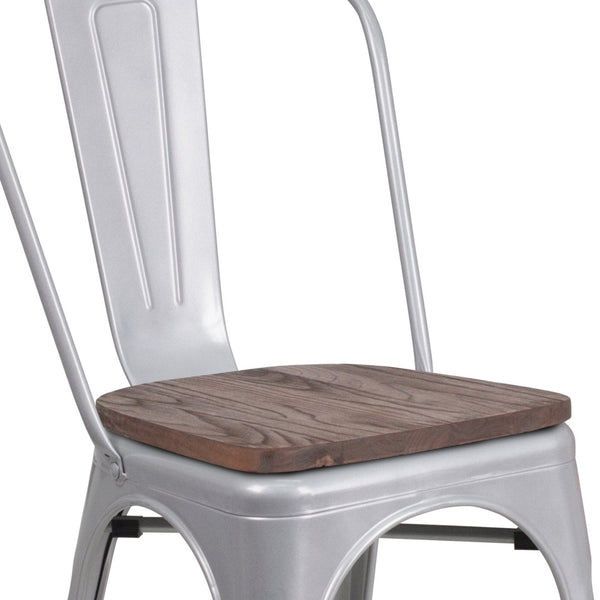 English Elm Perry Stackable Metal Chair with Wood Seat – Vintage Bistro Style for Dining and Commercial Spaces Silver CH-31230-SIL-WD-GG