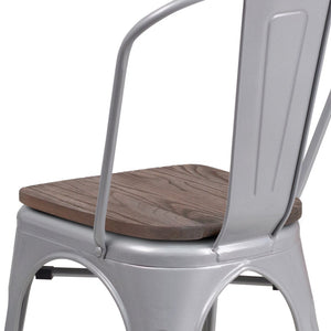 English Elm Perry Stackable Metal Chair with Wood Seat – Vintage Bistro Style for Dining and Commercial Spaces Silver CH-31230-SIL-WD-GG