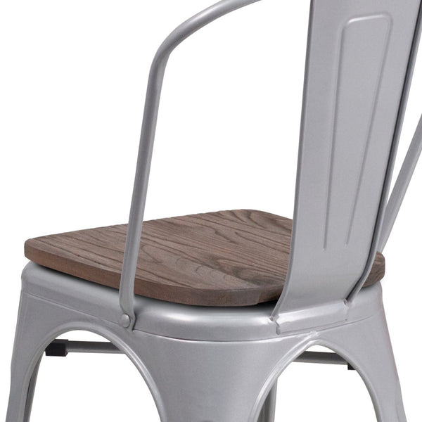 English Elm Perry Stackable Metal Chair with Wood Seat – Vintage Bistro Style for Dining and Commercial Spaces Silver CH-31230-SIL-WD-GG