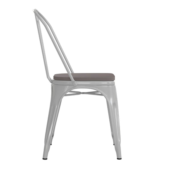 English Elm Perry Commercial Grade Metal Stackable Chair for Indoor-Outdoor Dining, Durable & Stylish Design Gray Seat/White Frame CH-31230-WH-PL1G-GG