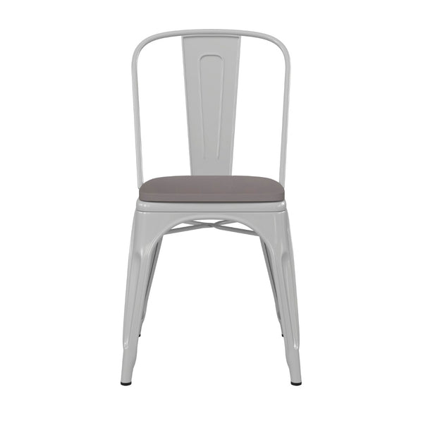 English Elm Perry Commercial Grade Metal Stackable Chair for Indoor-Outdoor Dining, Durable & Stylish Design Gray Seat/White Frame CH-31230-WH-PL1G-GG