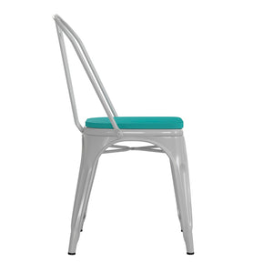 English Elm Perry Commercial Grade Metal Stackable Chair for Indoor-Outdoor Dining, Durable & Stylish Design Mint Green Seat/White Frame CH-31230-WH-PL1M-GG