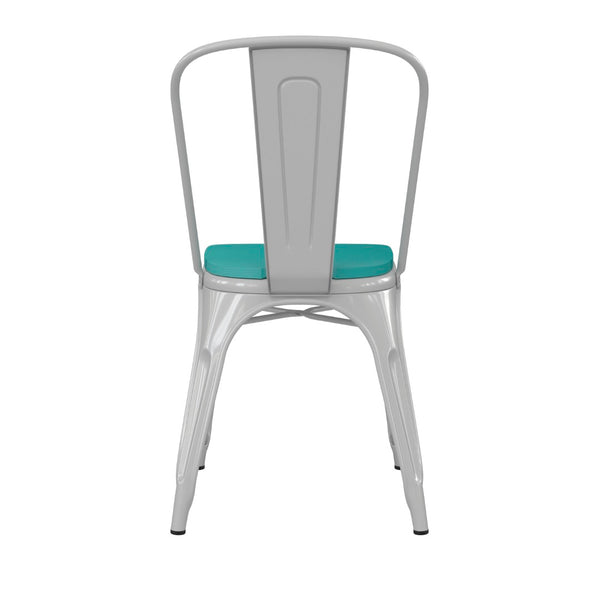 English Elm Perry Commercial Grade Metal Stackable Chair for Indoor-Outdoor Dining, Durable & Stylish Design Mint Green Seat/White Frame CH-31230-WH-PL1M-GG