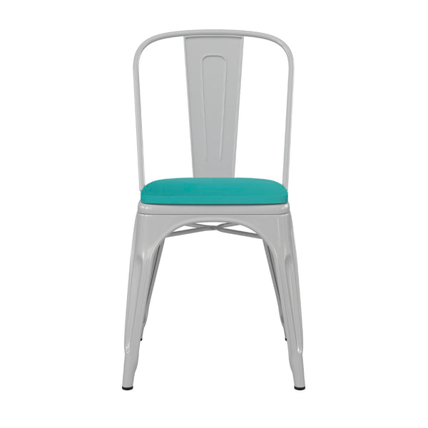 English Elm Perry Commercial Grade Metal Stackable Chair for Indoor-Outdoor Dining, Durable & Stylish Design Mint Green Seat/White Frame CH-31230-WH-PL1M-GG