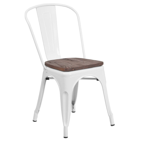 English Elm Perry Stackable Metal Chair with Wood Seat – Vintage Bistro Style for Dining and Commercial Spaces White CH-31230-WH-WD-GG