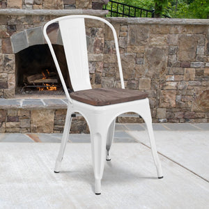 English Elm Perry Stackable Metal Chair with Wood Seat – Vintage Bistro Style for Dining and Commercial Spaces White CH-31230-WH-WD-GG