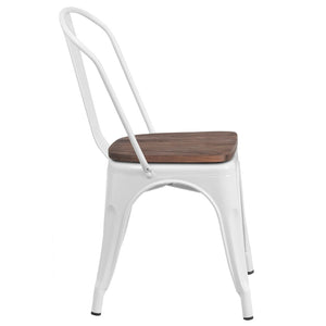 English Elm Perry Stackable Metal Chair with Wood Seat – Vintage Bistro Style for Dining and Commercial Spaces White CH-31230-WH-WD-GG